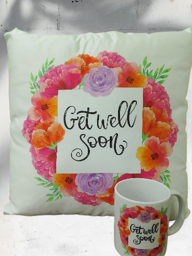 Get Well Soon, Personalized Cushion, Mug Combo, Comfort Gift Set, Cheerful Gift